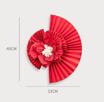 Red Paper Fan and Flower Wall Decor