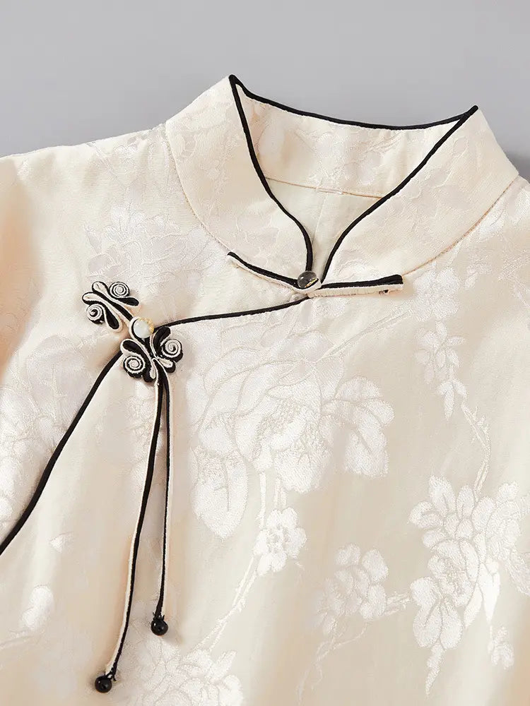 Ivory-White  Floral Jacquard Loose Qipao Dress