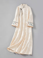 Ivory-White  Floral Jacquard Loose Qipao Dress