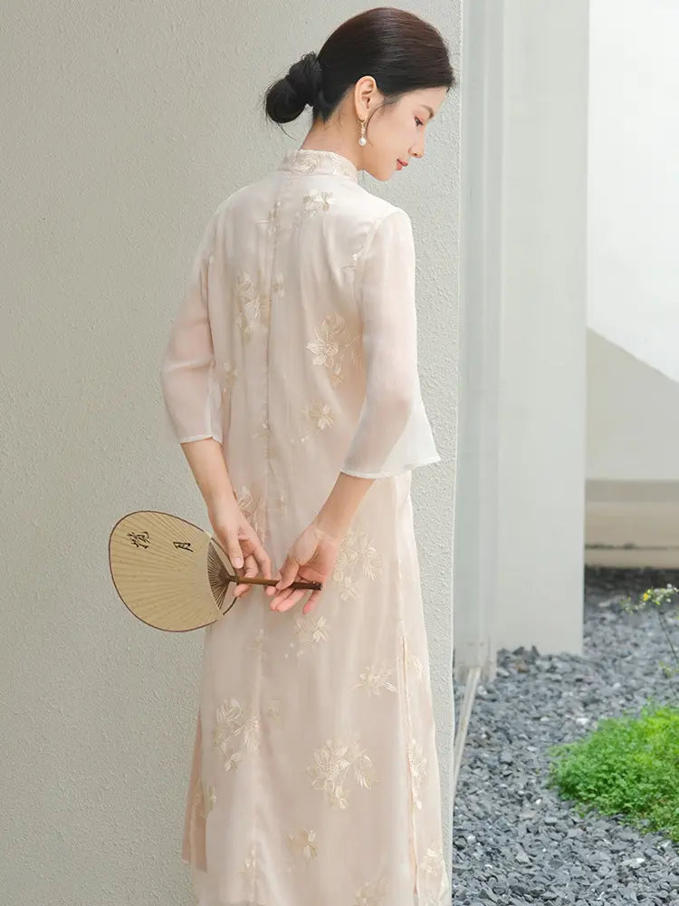 Ivory Beige Embroidered Sheer Chinese Loose cheongsam Dress