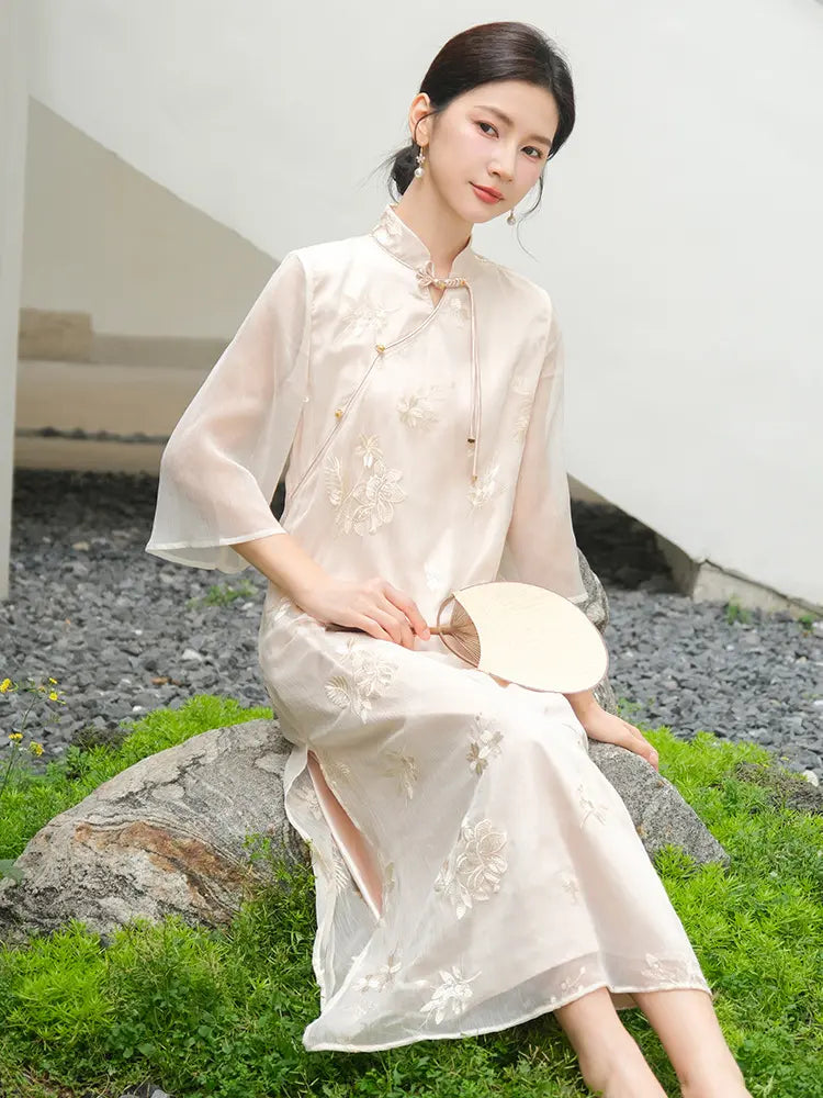 Ivory Beige Embroidered Sheer Loose Qipao Dress, M Ivory Beige Embroidered Sheer Loose Qipao Dress, M