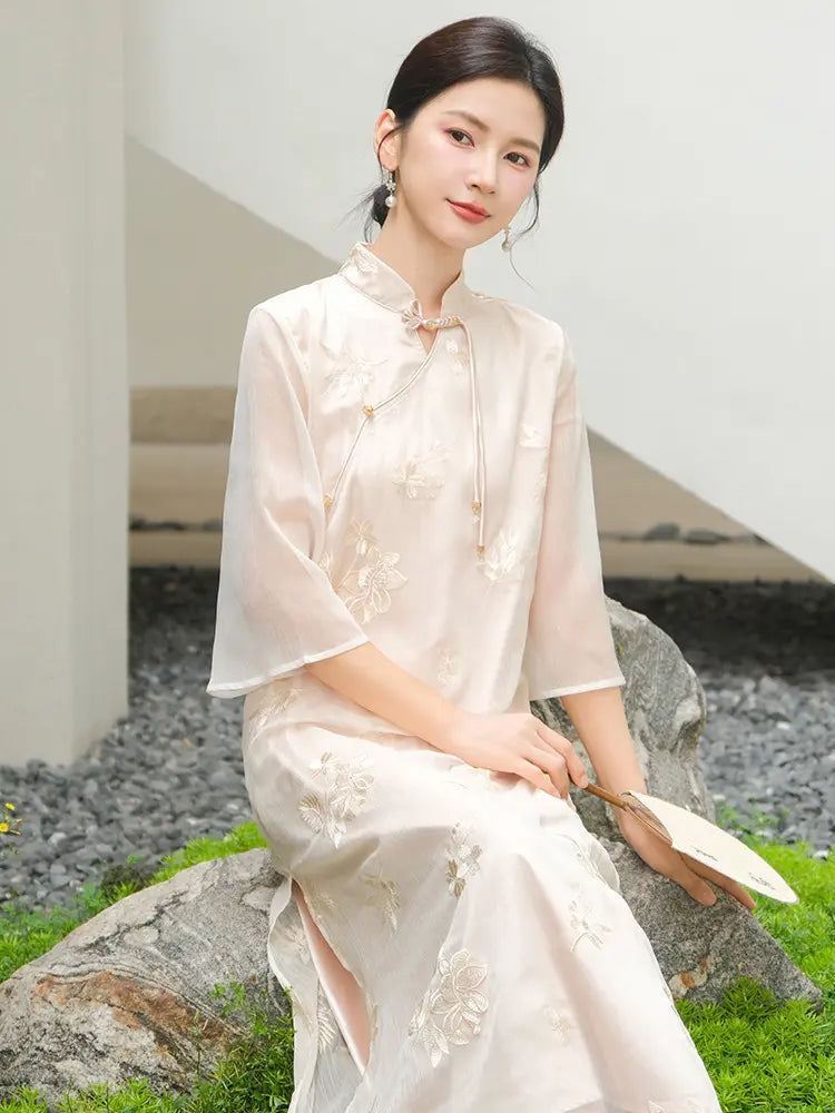 Ivory Beige Embroidered Sheer Chinese Loose cheongsam Dress for mother