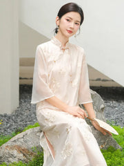 Ivory Beige Embroidered Sheer Chinese Loose cheongsam Dress for mother