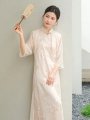 Ivory Beige Embroidered Sheer Loose Qipao Dress
