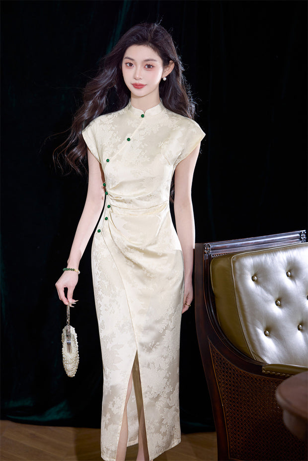 GREY JACQUARD QIPAO SHIRT with FLORAL SKIRT