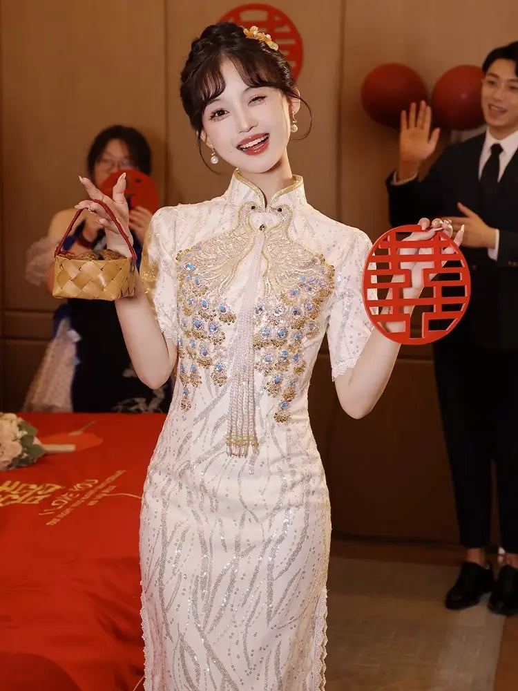 Ivory Sequin pheonxi bridal Cheongsam Qipao Dress