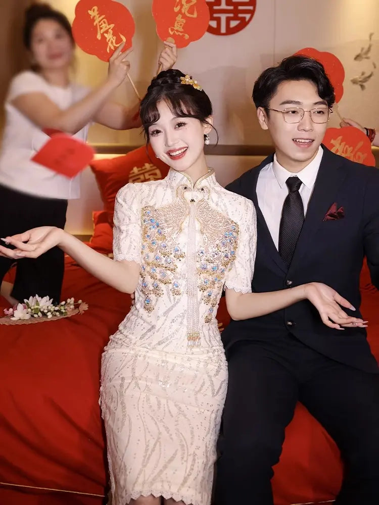 Ivory Sequin pheonxi bridal Cheongsam Qipao Dress for chinese wedding tea ceremony