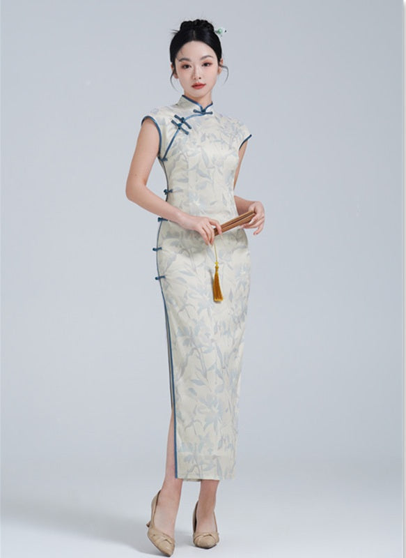 Ivory and Blue Cap Sleeves Floral Chiffon Qipao