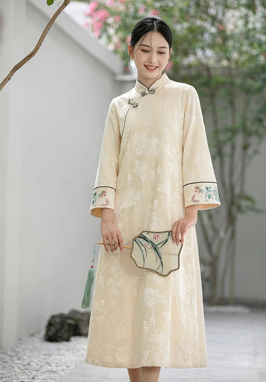 Ivory-White  Floral Jacquard Loose Qipao Dress