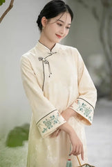Ivory-White  Floral Jacquard Loose Qipao Dress