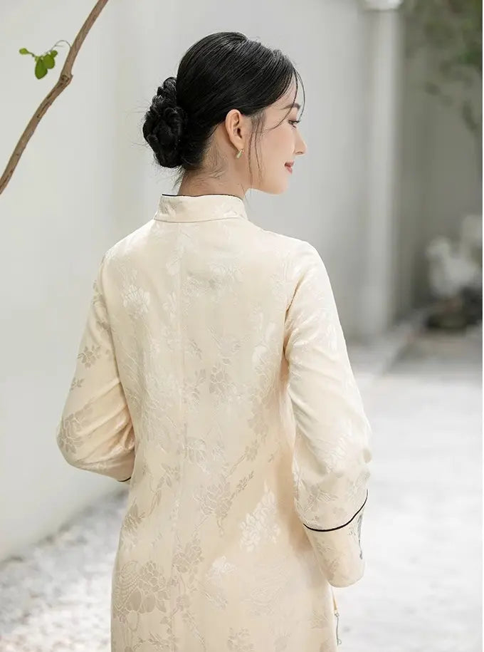 Ivory-White  Floral Jacquard Loose Qipao Dress