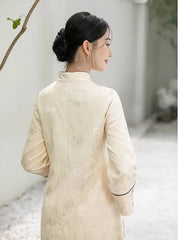 Ivory-White  Floral Jacquard Loose Qipao Dress