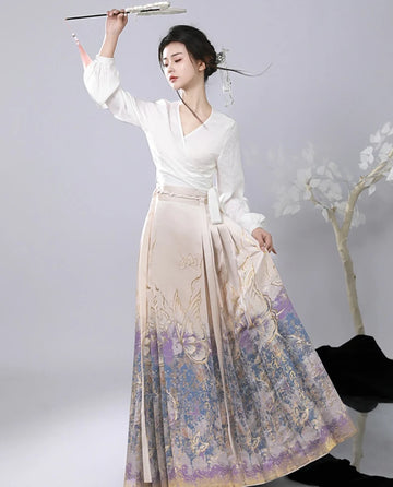Person wearing a traditional Jacquard Brocade Gold Woven Floral Hanfu Mamian Skirt outfit with a white top and patterned skirt against a neutral background