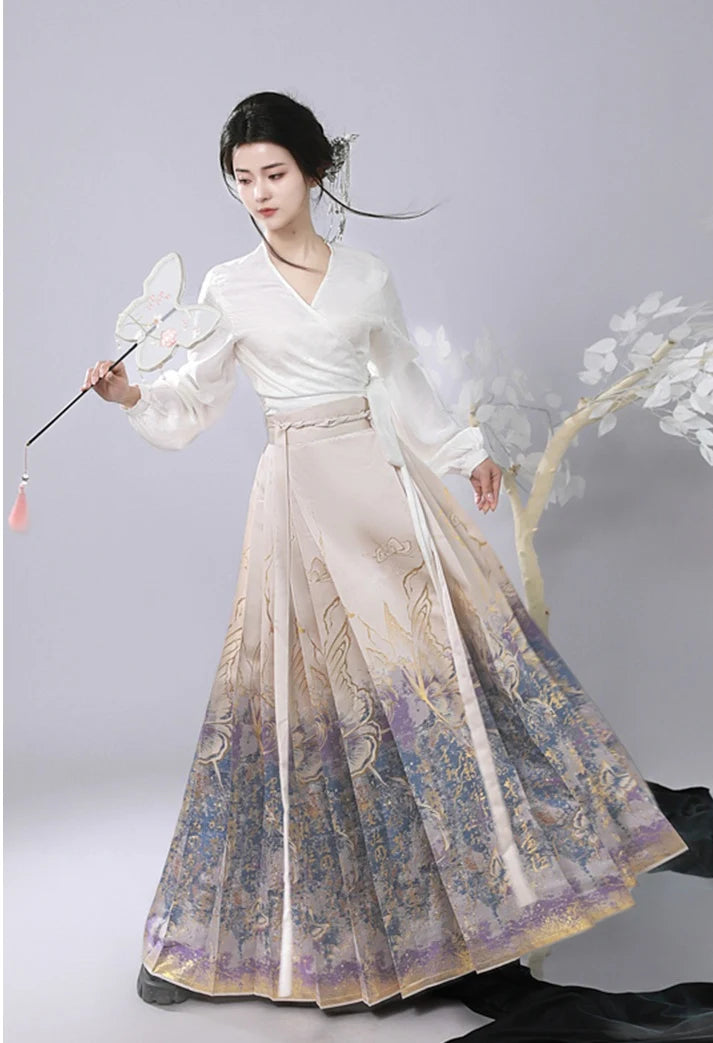 Woman in traditional Chinese Jacquard Brocade Gold Woven Floral Hanfu Mamian Skirt attire with a fan and floral background