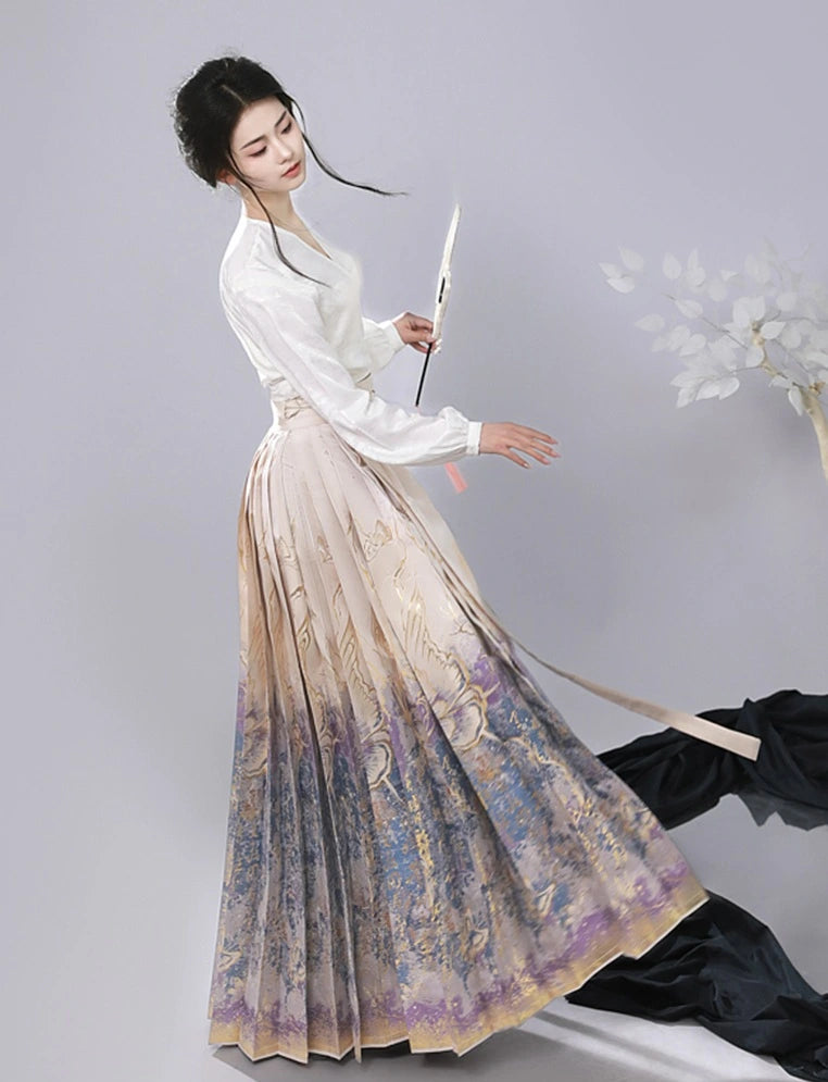 Woman in traditional Jacquard Brocade Gold Woven Floral Hanfu Mamian Skirt attire with a long, patterned skirt and white top against a light gray background.