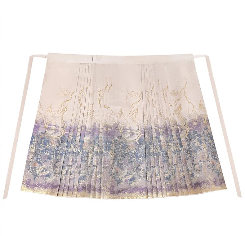 Traditional chineseJacquard Brocade Gold Woven Floral Hanfu Mamian pleated skirt with gold and purple patterns on a white background