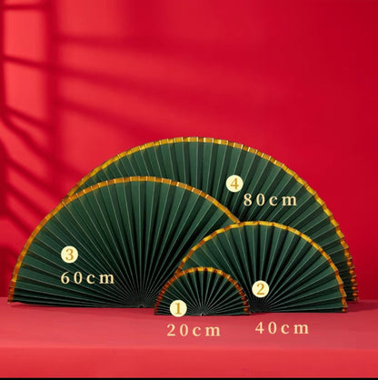 Large green oriental paper folding fans for home event decor