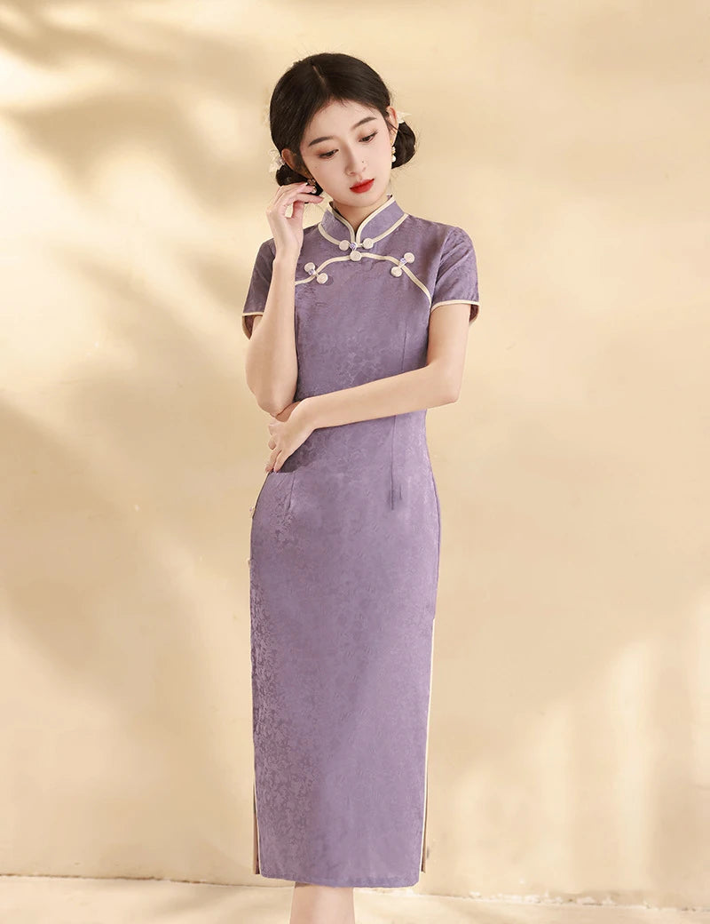Woman wearing a purple traditional Lavender Floral Short Sleeves Jacquard Qipao Dress  against a beige background