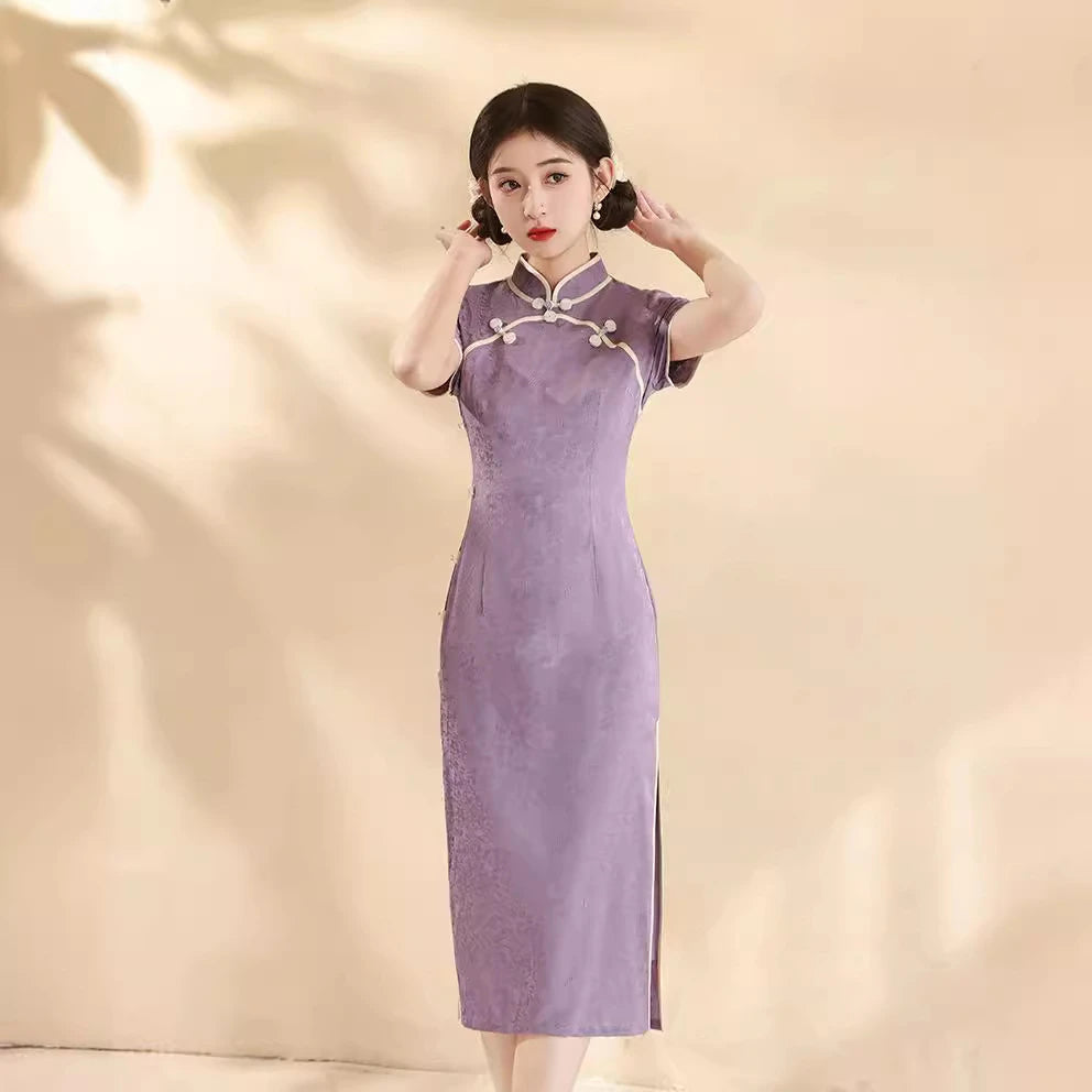 Woman wearing a purple traditional Lavender Floral Short Sleeves Jacquard cheongsam Dress  against a beige background