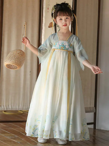 Young girl in traditional Light Blue Girls Chinese Tang Dynasty Style Fairytale Hanfu Dress  attire holding a woven basket indoors.