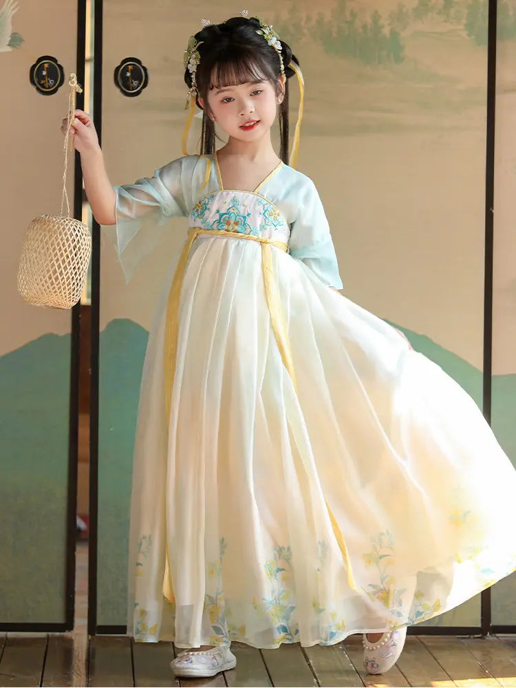 Child in Light Blue Girls Chinese Tang Dynasty Style Fairytale Hanfu Dressoutfit standing against a decorative background