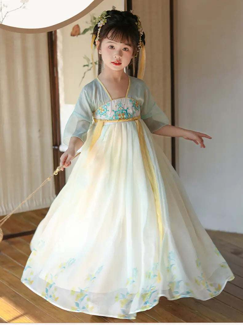 Child wearing a Light Blue Girls Chinese Tang Dynasty Style Fairytale Hanfu Dress  with floral patterns indoors.