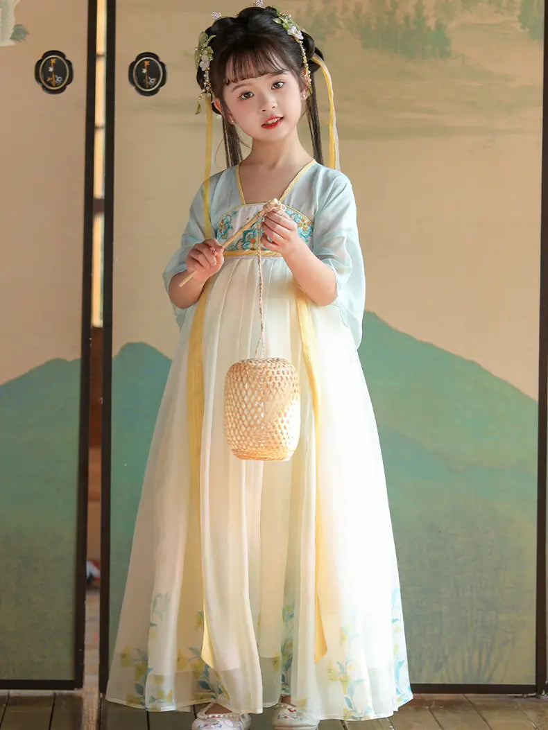Woman in Light Blue Girls Chinese Tang Dynasty Style Fairytale Hanfu Dress attire holding a woven basket against a scenic background