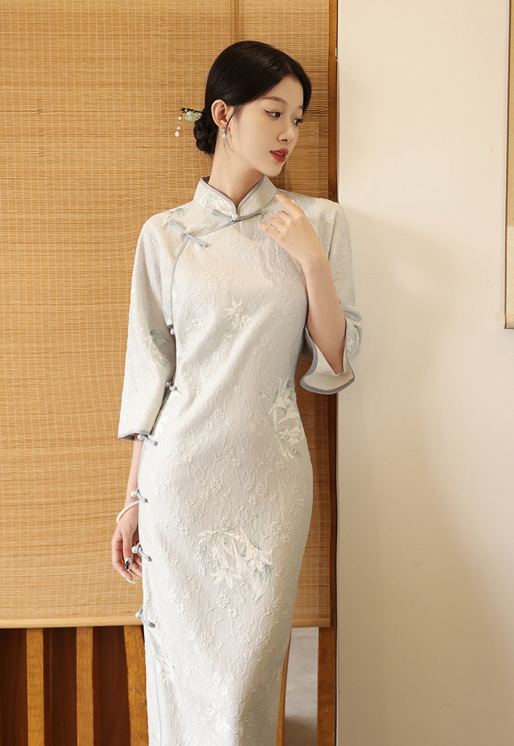 Light Blue Long Sleeves Lace jacquard Cheongsam Qipao Dress