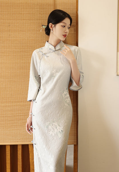 Light Blue Long Sleeves Lace jacquard Cheongsam Qipao Dress