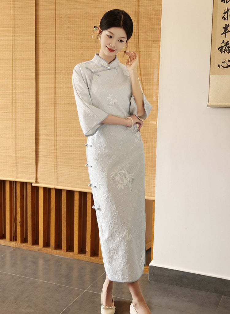 Light Blue Long Sleeves Lace jacquard Cheongsam