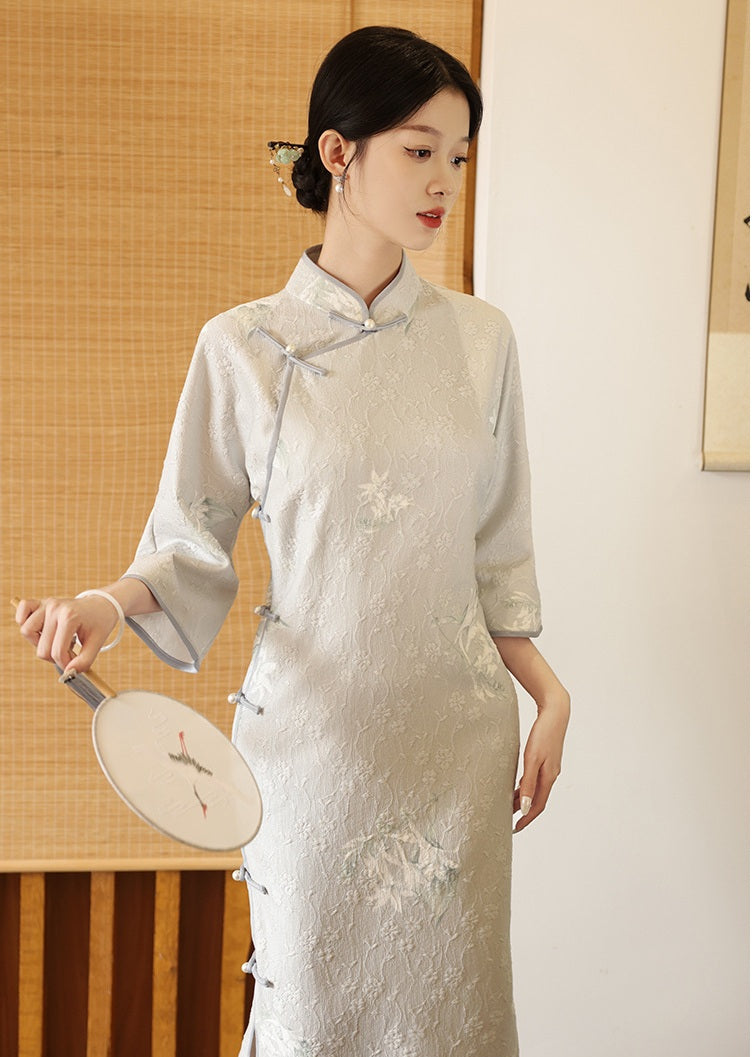 Light Blue Long Sleeves Lace jacquard Qipao Dress