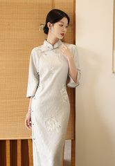 Light Blue Long Sleeves Lace jacquard Cheongsam Qipao Dress