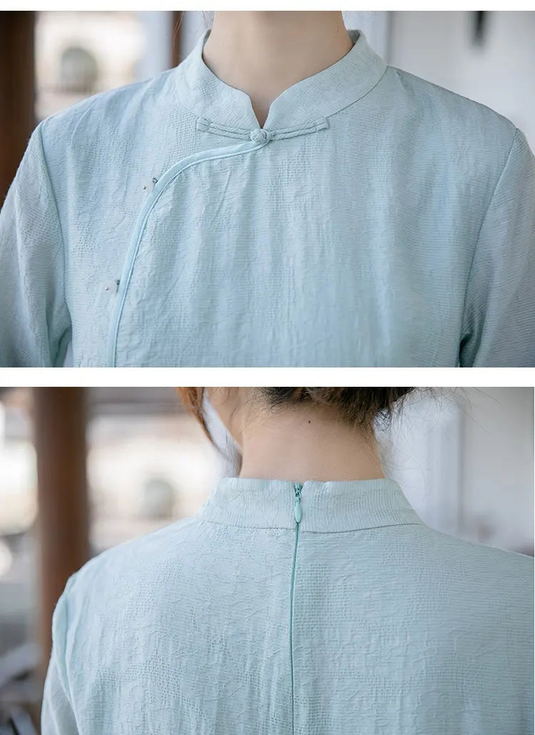 Light Green Loose A Line Cheongsam Qipao Dress  traditional outfit worn by a person on a blurred indoor background