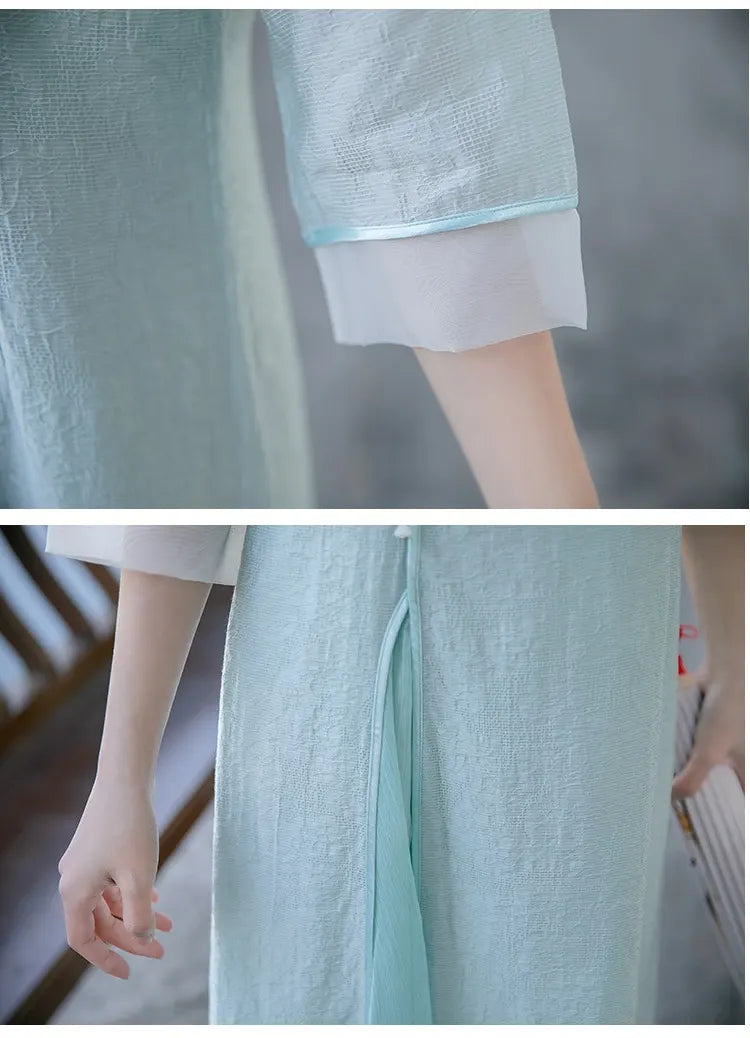 Light Green Loose A Line Cheongsam Qipao Dress fabric with a blurred background