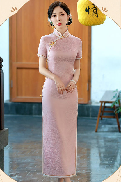 a chinese girl in Light Pink Floral ankle length cheongsam Dress