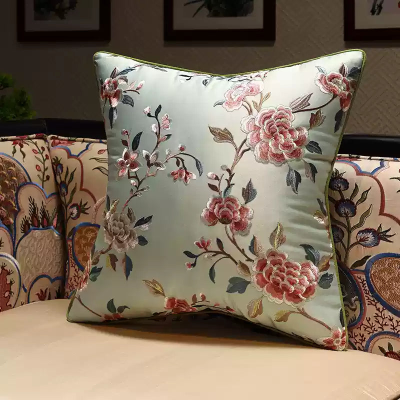 Luxury high quality Oriental Embroidered  Floral  light blue Satin Cushion Covers