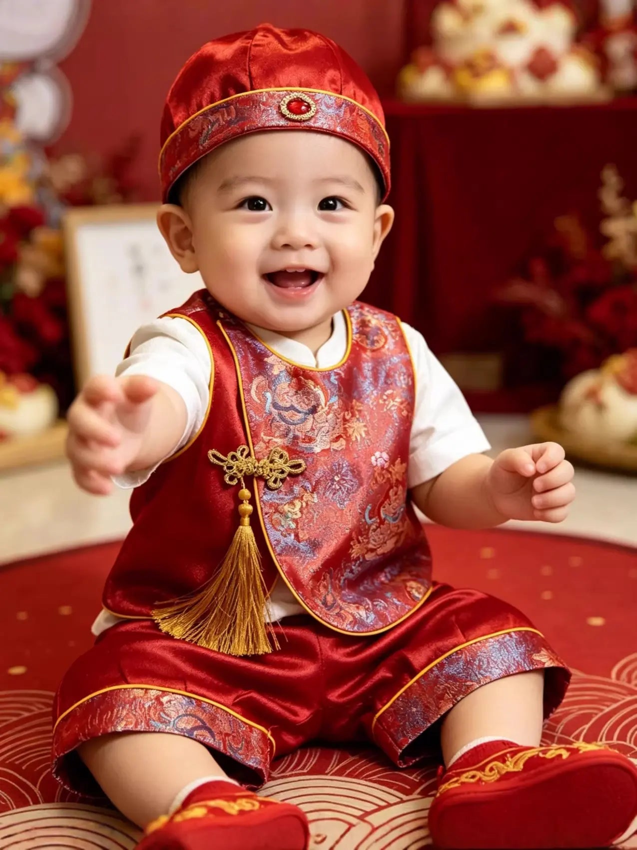 Child in Luxury Baby Tang Suit – Traditional Chinese Birthday & Zhazhou Set (4-Piece) outfit with decorative elements on a festive background