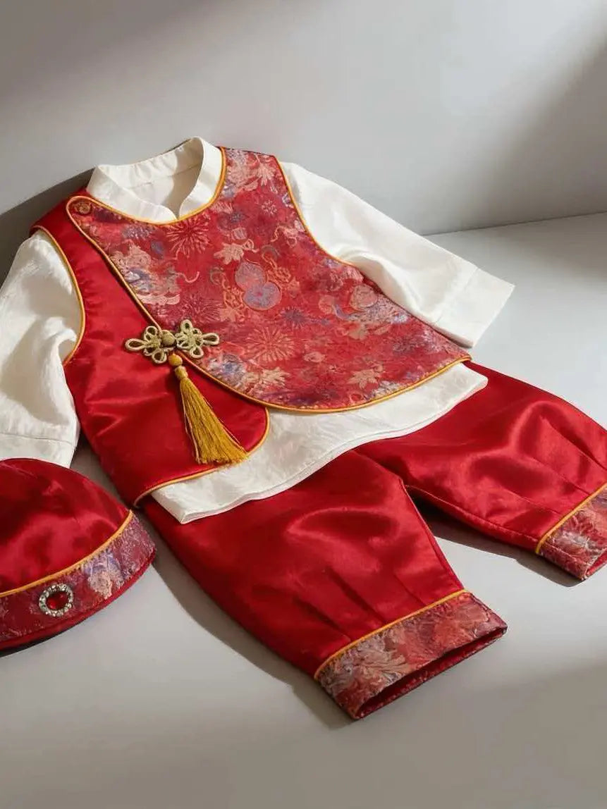 Traditional chinese red and white tang outfit with intricate patterns on a light background