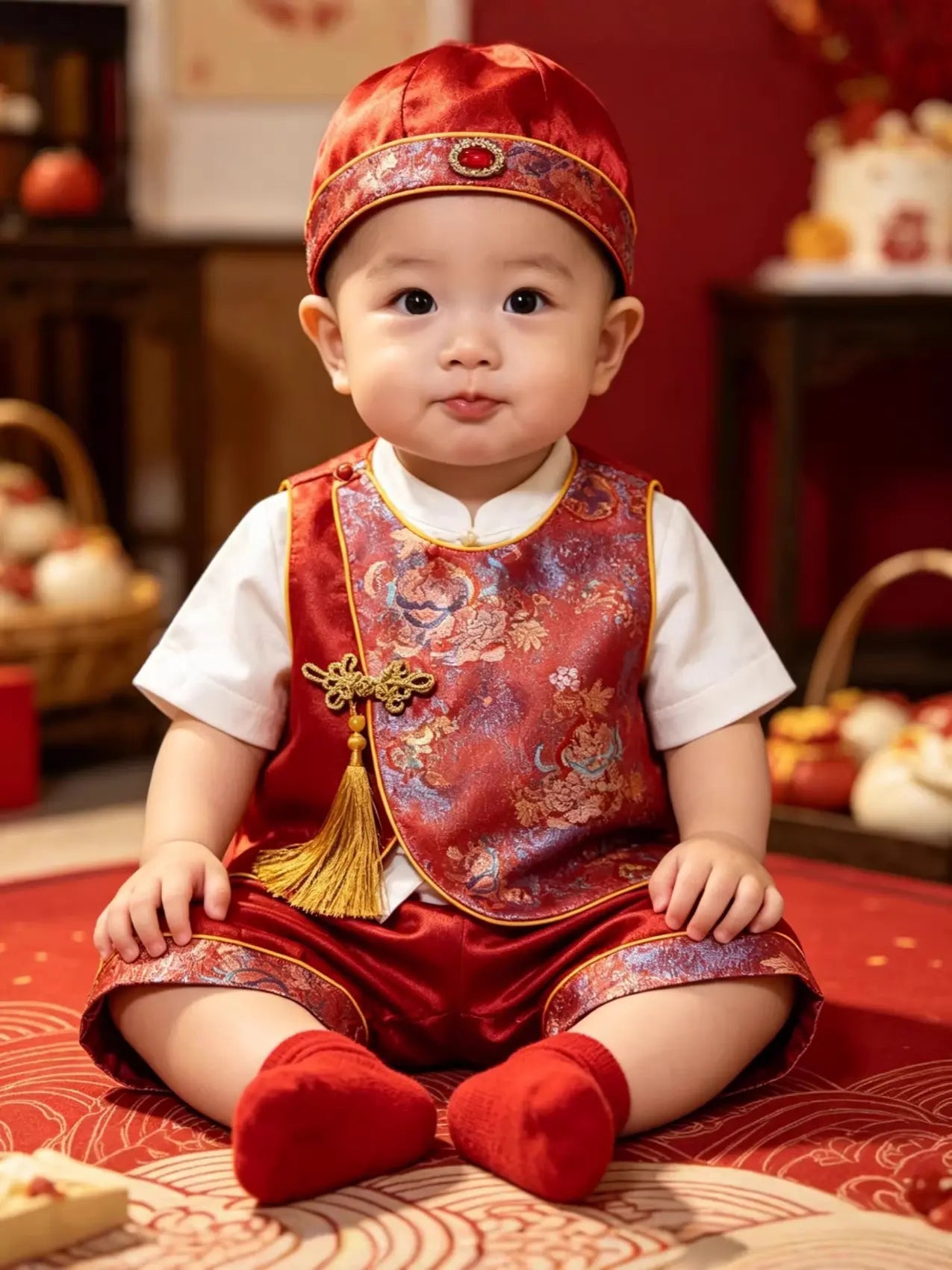 Baby in traditional Chinese outfit sitting on a red carpet