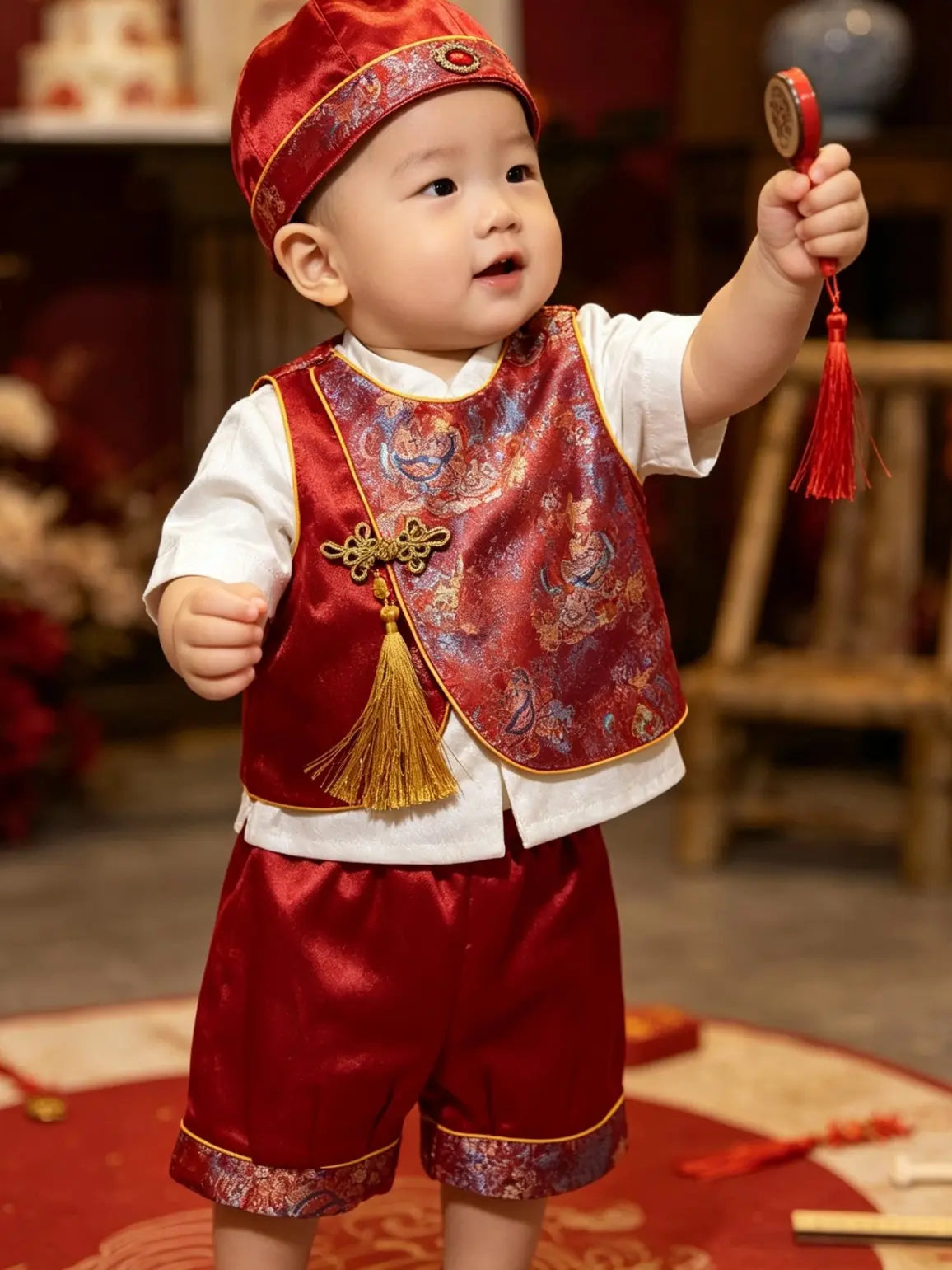 Child in traditional chinese red outfit holding a toy, blurred background