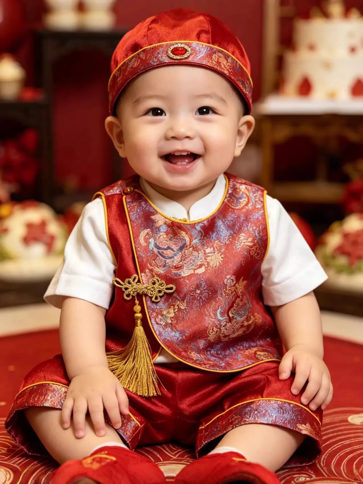 Child wearing a traditional chinese red and gold outfit with a hat, sitting on a red carpet.