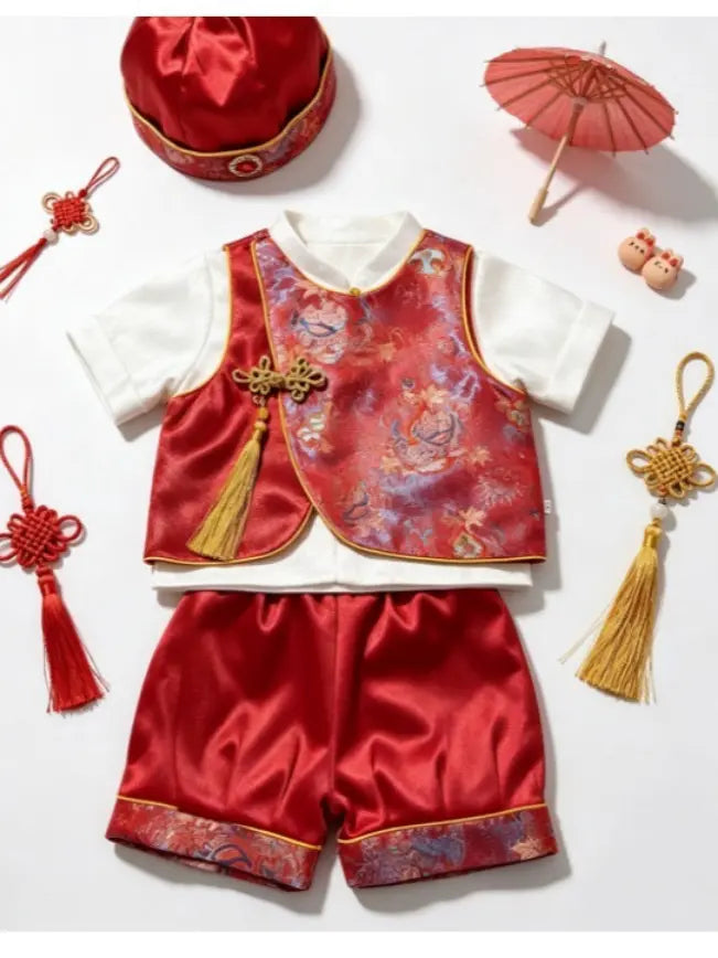 Traditional Chinese outfit with vest and shorts, surrounded by decorative items on a white background
