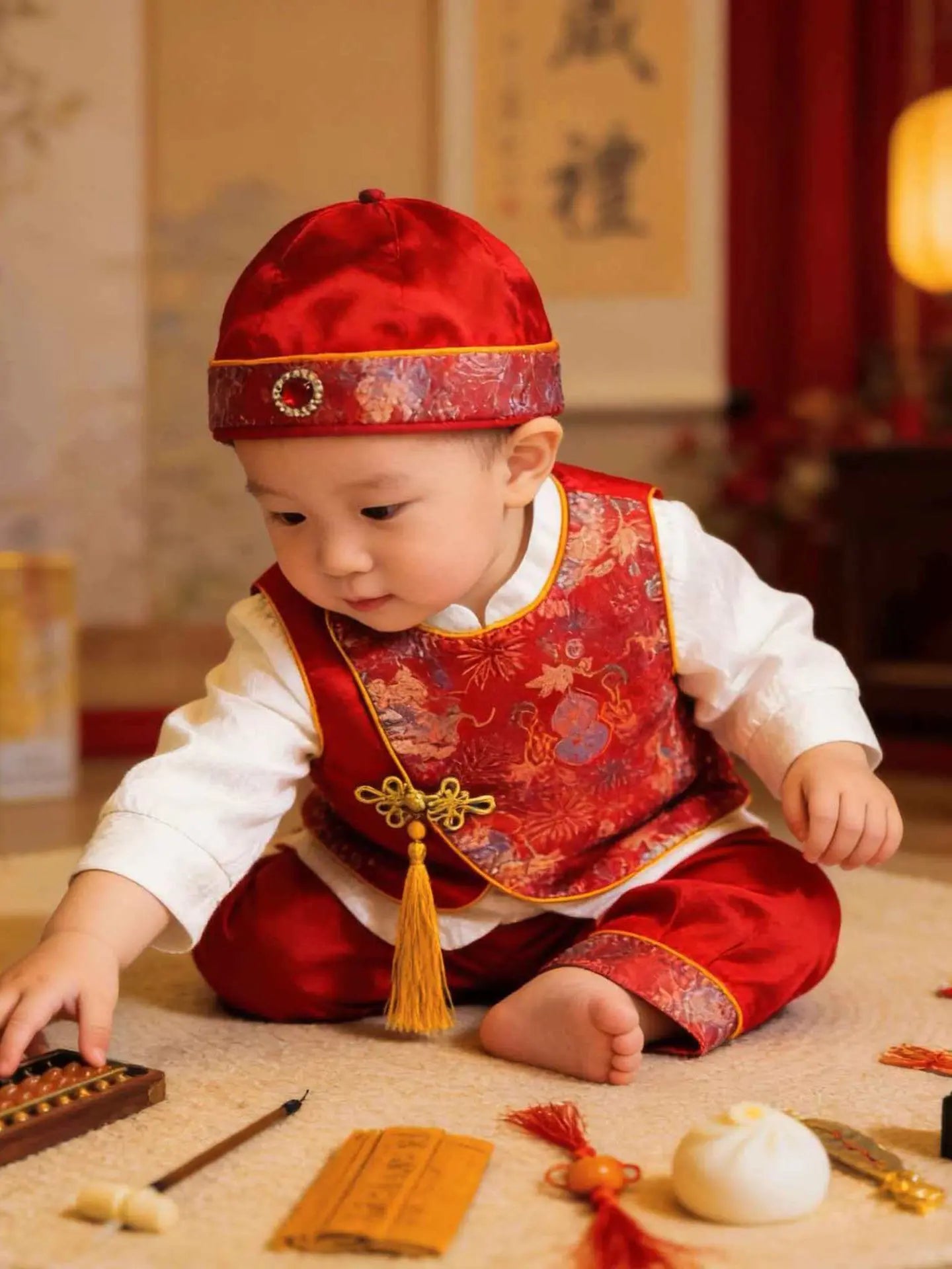 Child in traditional Chinese red outfit with intricate patterns sitting on the floor.