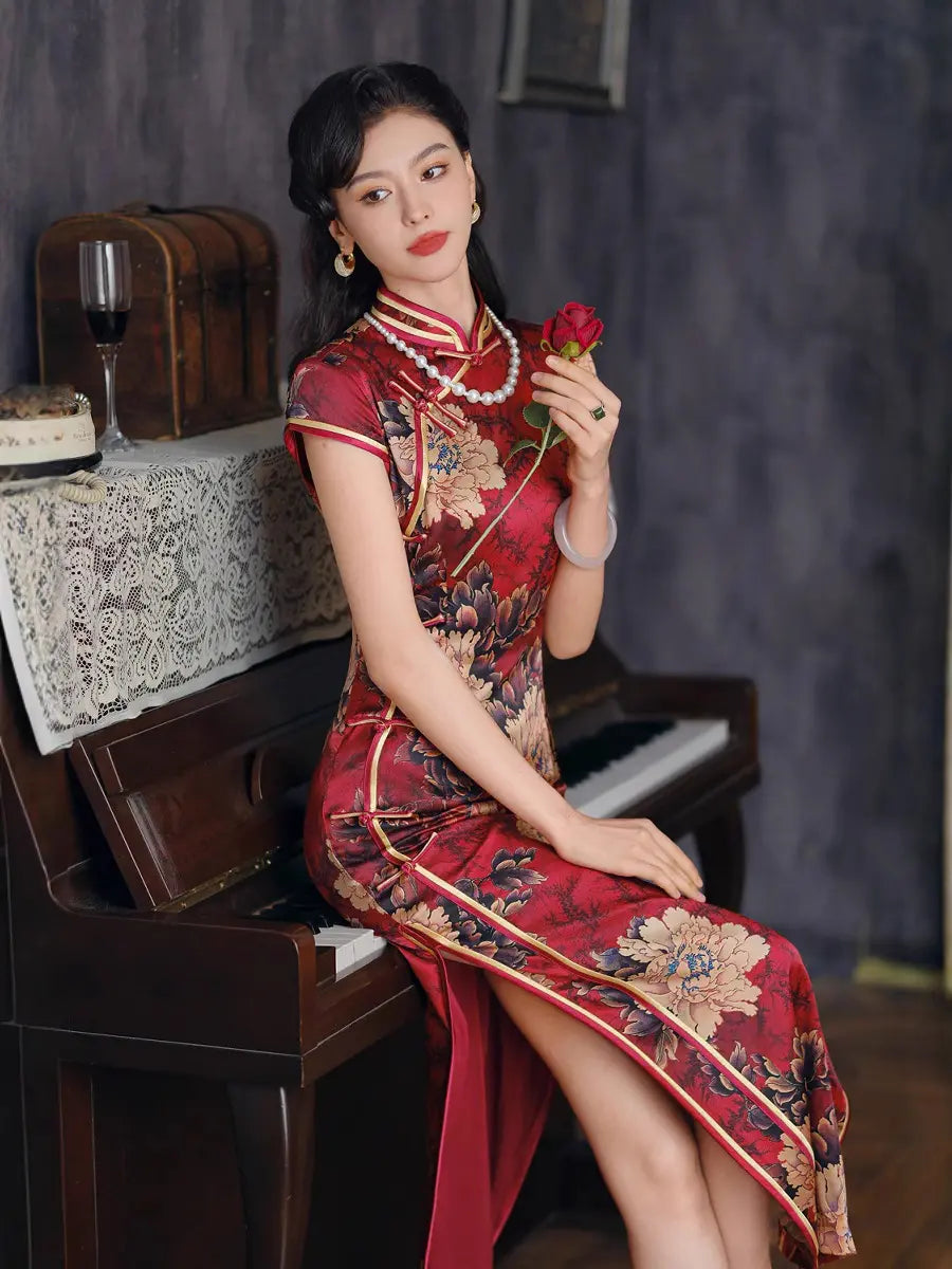 Luxury Red Floral Silk Qipao dress with peony flower