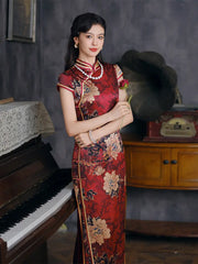 Luxury Red Floral Silk Qipao dress with peony flower 