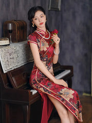 Luxury Red Floral Silk cheongsam dress with peony flower