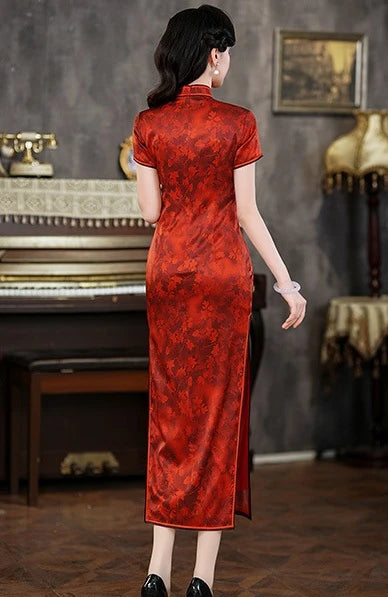 Woman wearing a Luxury Red Silk Qipao Dress with Maple Leaves Print standing in an elegant room with a piano and decorative items.