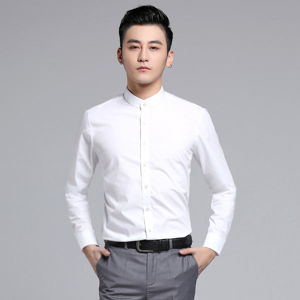 White Men’s Chinese Mandarin Round Stand Collar Shirt 