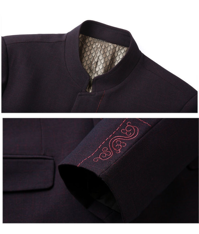 Close-up of a Men's Autumn and Winter Chinese Zhongshan  Tang Suit Blazer  garment with intricate detailing on a white background