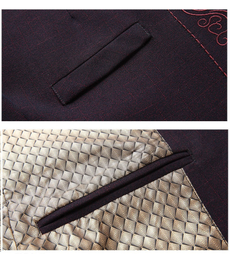 Close-up of a black strip on dark fabric with red embroidery and a woven pattern.